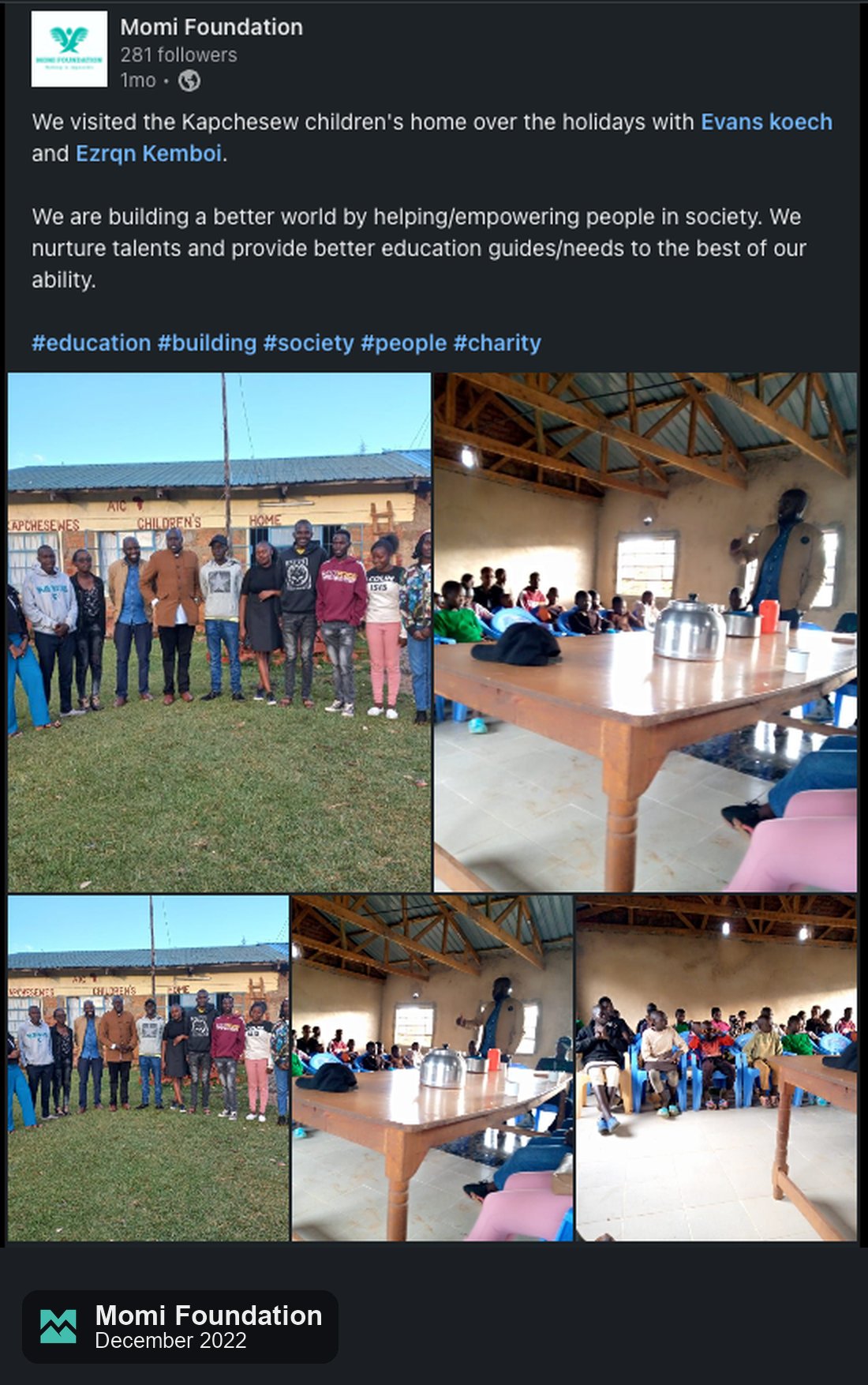 Momi Foundation's LinkedIn post about the visit to Kapchesewes Children's Home, with photos of the team and the children