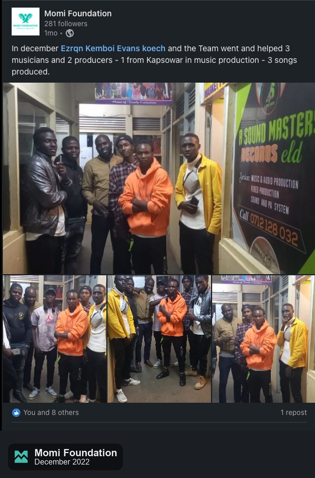 Musicians, producers and the Momi Foundation team at a recording studio