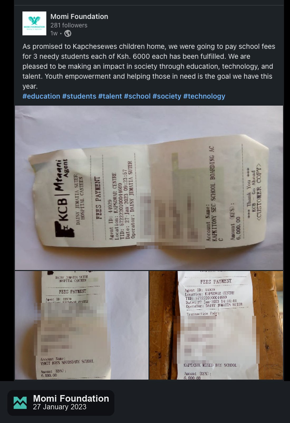 KCB fee payment receipts for three students from Kapchesewes Children's Home, 27 January 2023