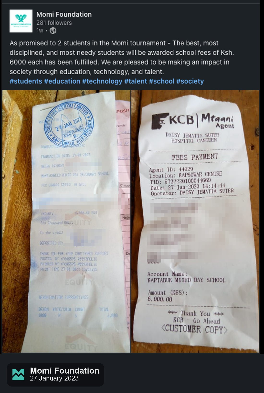 Fee receipts for two Momi tournament students, 27 January 2023