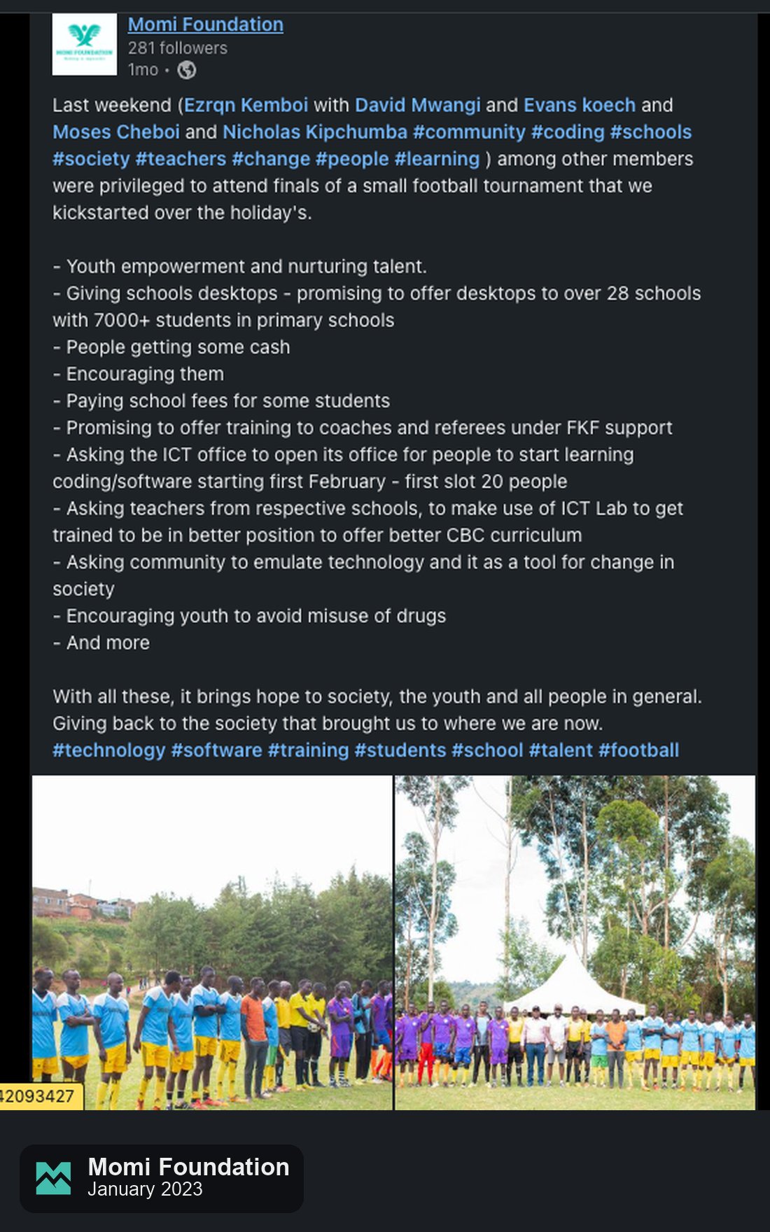 Momi Foundation's LinkedIn post listing the commitments made at the tournament final