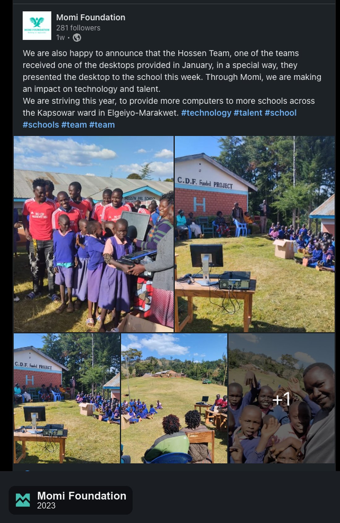 LinkedIn post showing the Hossen Team presenting a desktop computer to Hossen Primary School